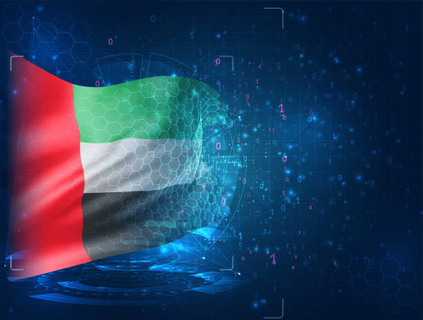 United Arab Emirates, vector 3d flag on blue background with hud interfaces