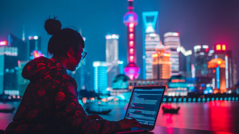 bustling tech hub chinese software developer debugs code laptop with neonlit smart city skyline reflecting screen 73899 23575