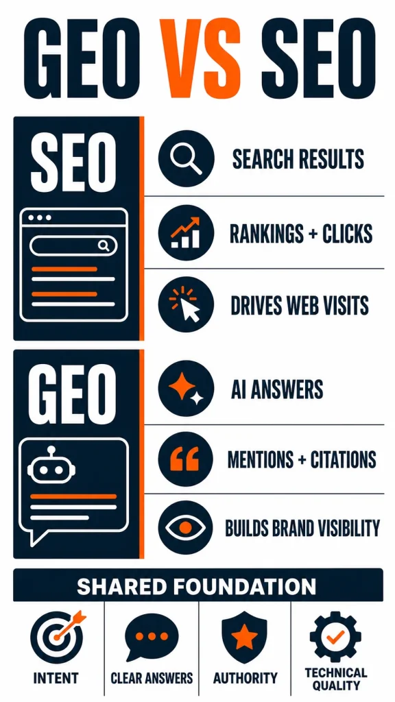 GEO vs SEO: Are They Really Different? 1 GEO versus SEO vertical infographic comparing search results, AI answers and their shared foundations